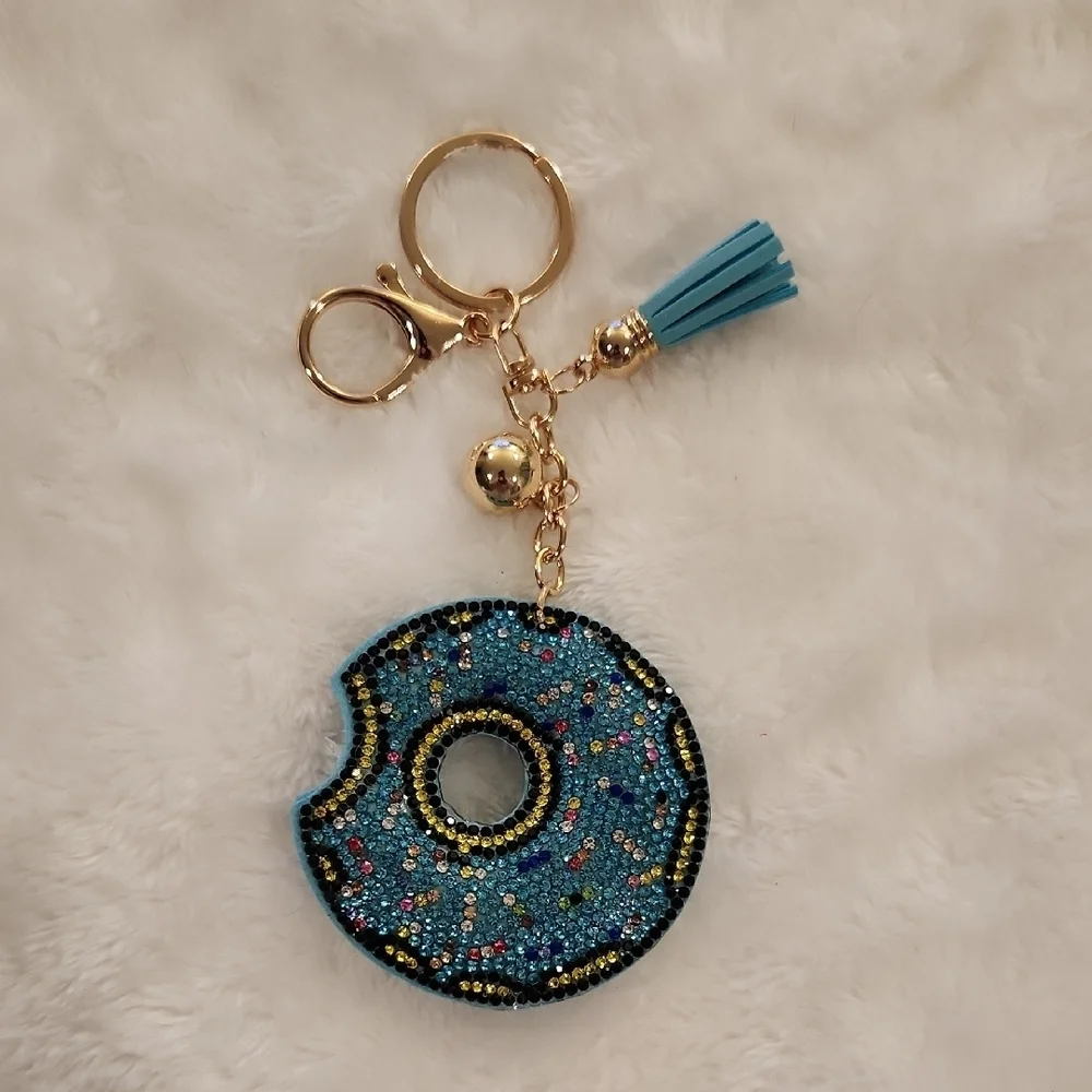 Donut Blue Rhinestone Keychain with Tassel Bag Charm